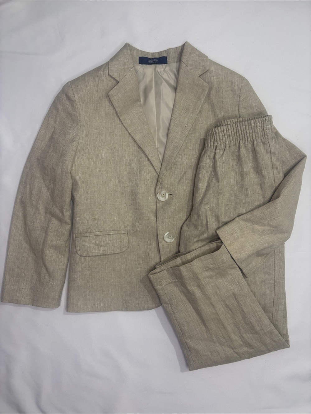 Little Boy’s 4 Izod Formal Linen Cotton Blend Natural Beige Tan Suit Jacket Set